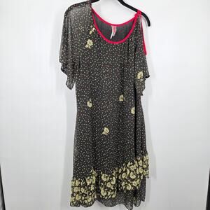 Free People S Boho Floral Sheer Black Yellow Asymmetrical Cold Shoulder Dress